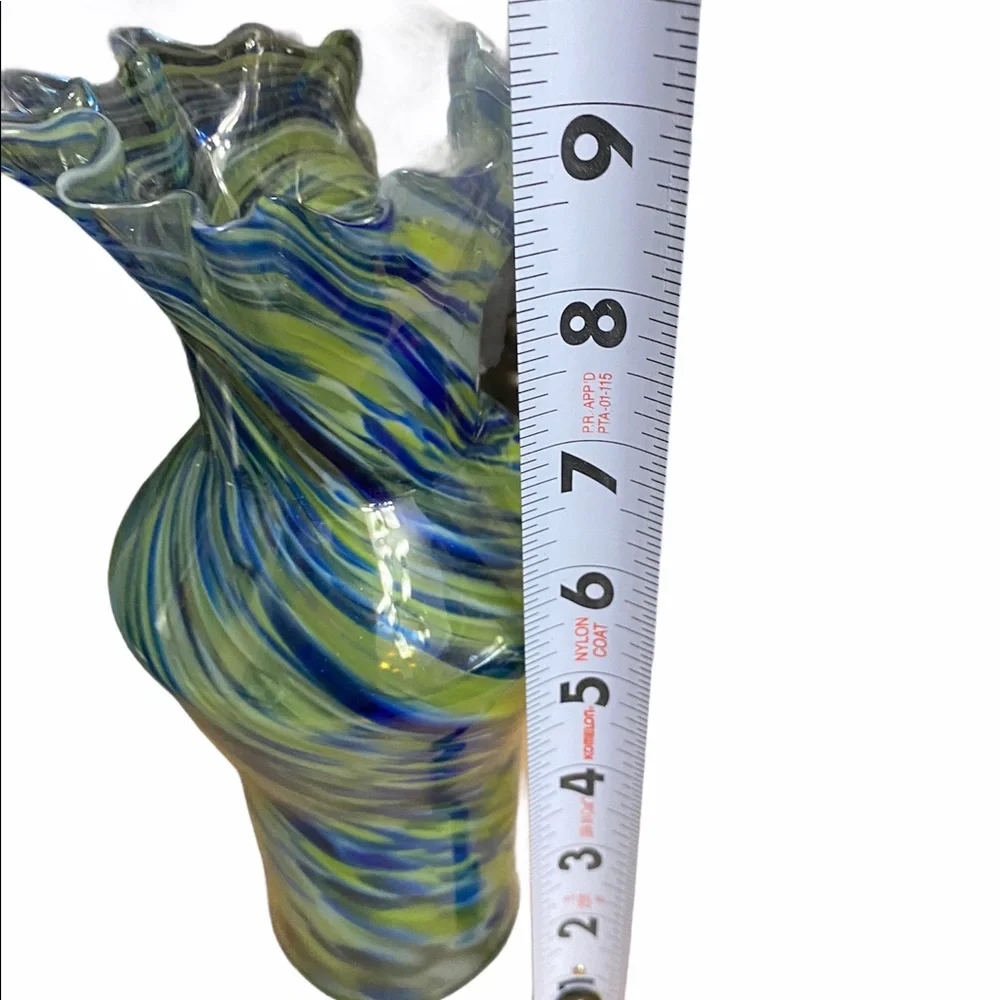 Blue Green swirl‎ ruffle top glass vase